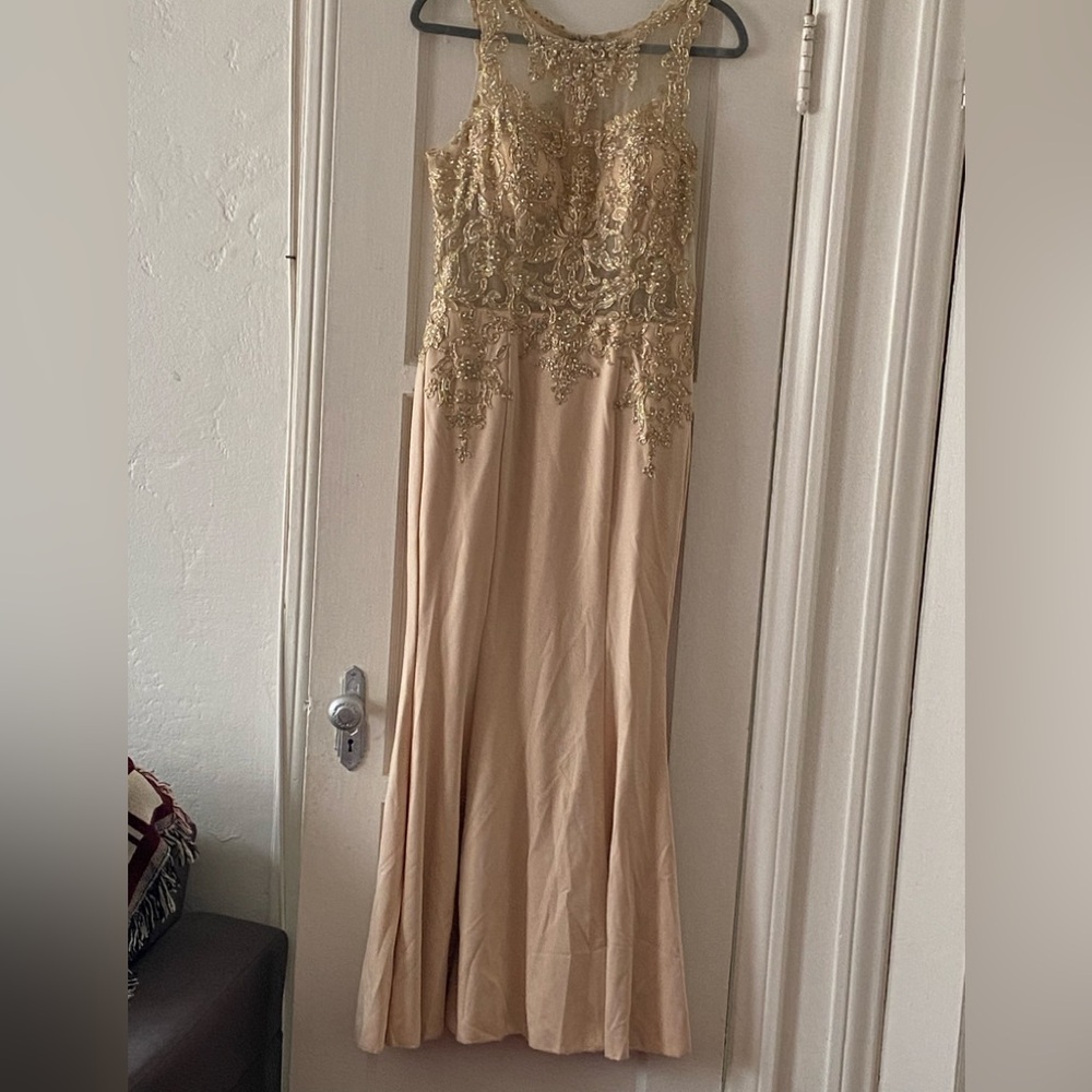Fiesta Fashion Sexy Elegant Beaded Gold Lace Special Occasions Sz L Gown Dress!